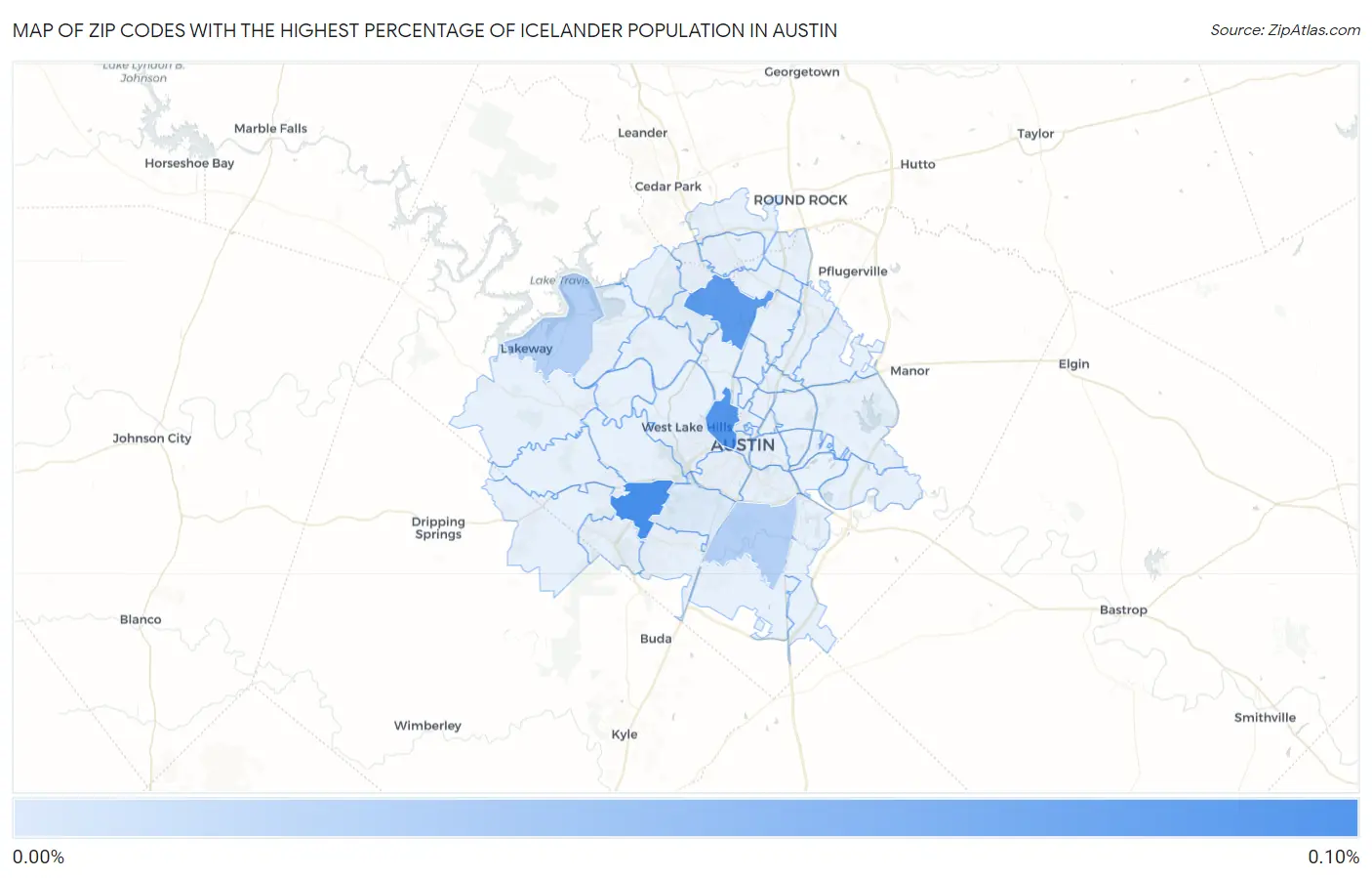 Zip Codes with the Highest Percentage of Icelander Population in Austin Map
