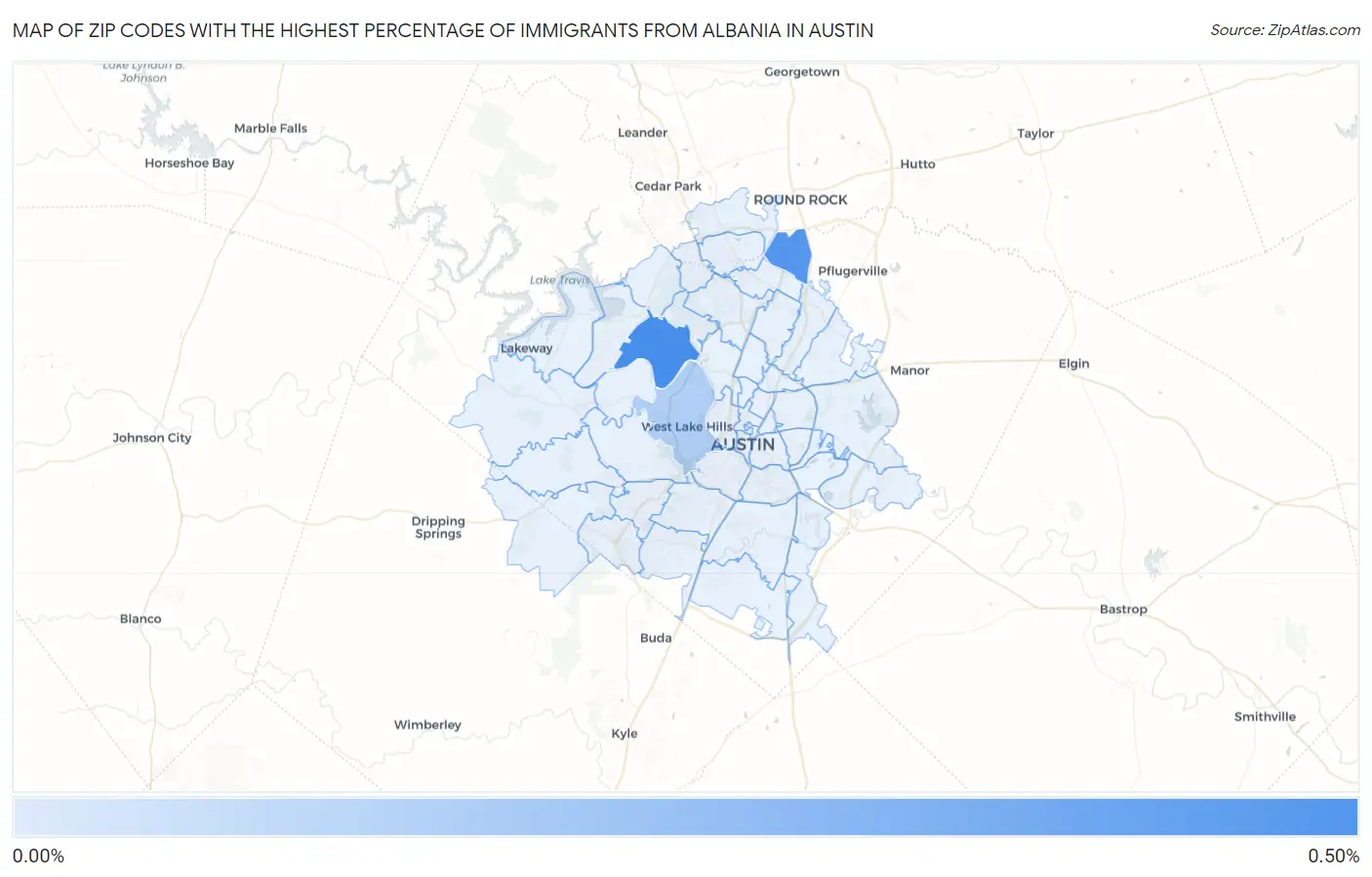 Zip Codes with the Highest Percentage of Immigrants from Albania in Austin Map