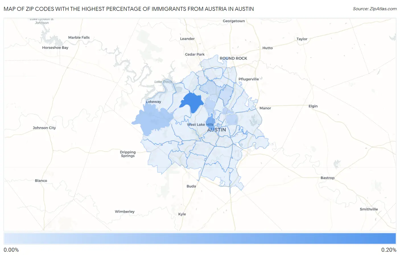 Zip Codes with the Highest Percentage of Immigrants from Austria in Austin Map
