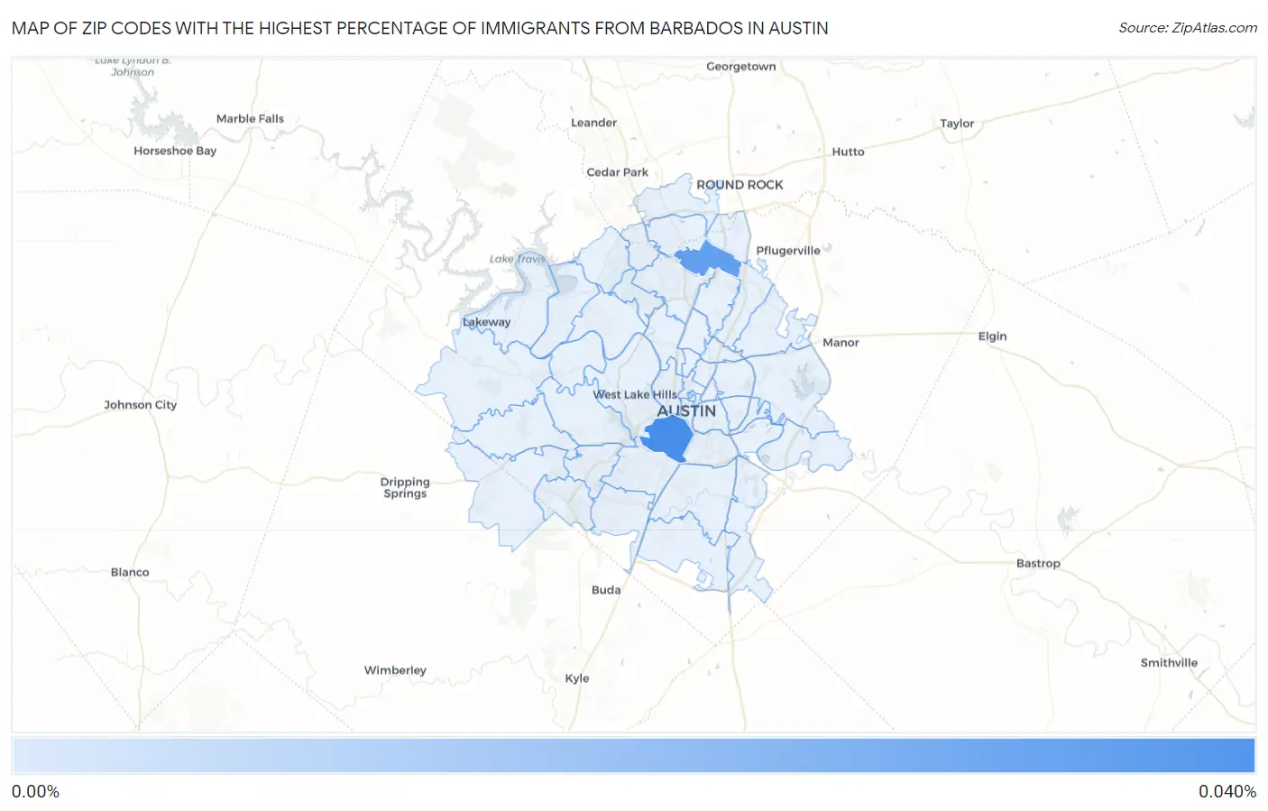 Zip Codes with the Highest Percentage of Immigrants from Barbados in Austin Map