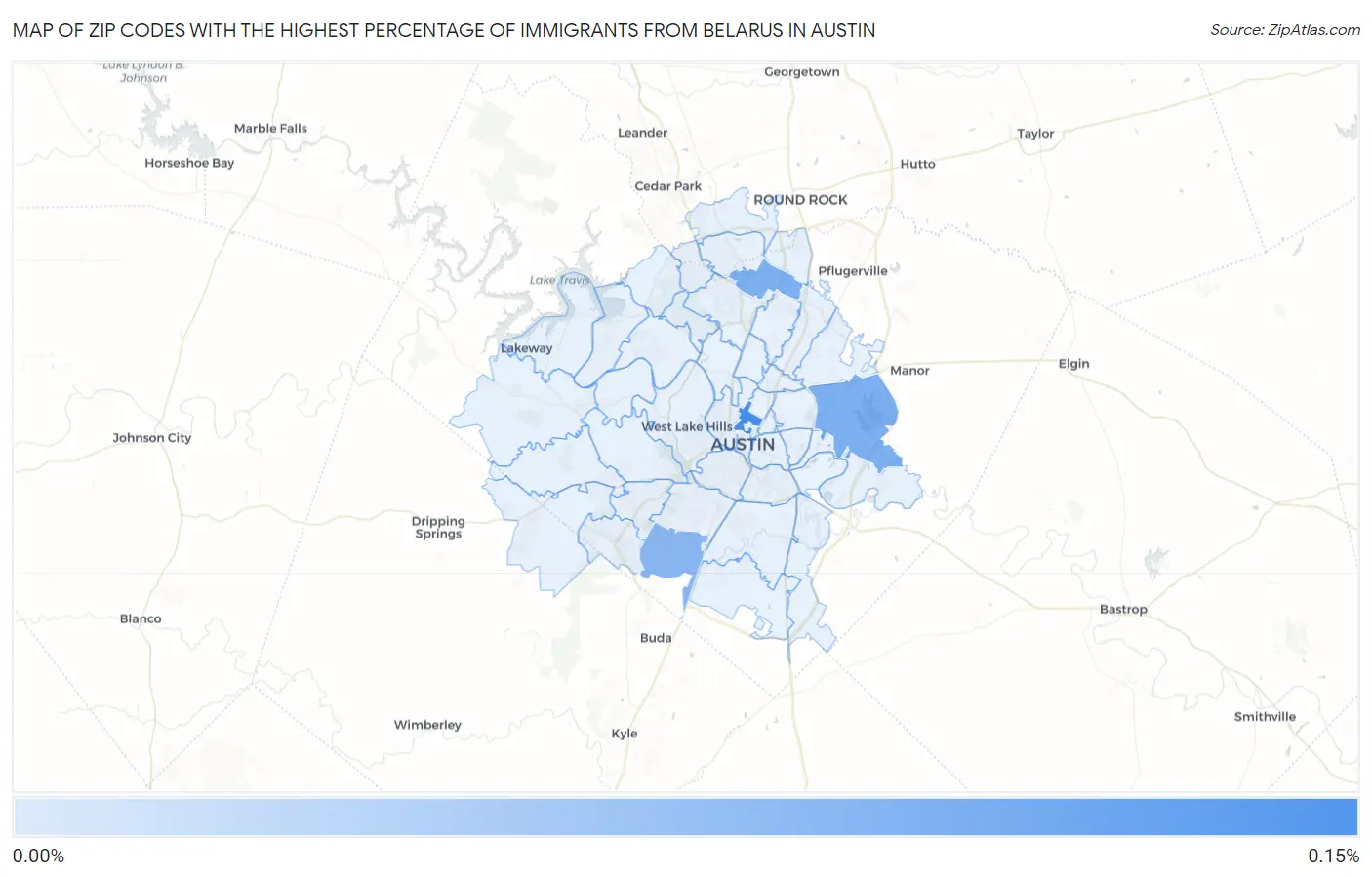 Zip Codes with the Highest Percentage of Immigrants from Belarus in Austin Map