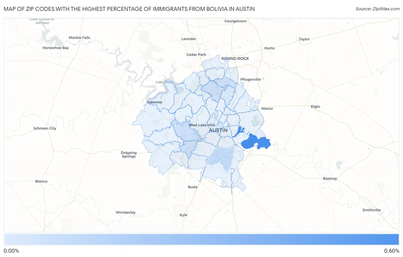 Zip Codes with the Highest Percentage of Immigrants from Bolivia in Austin Map
