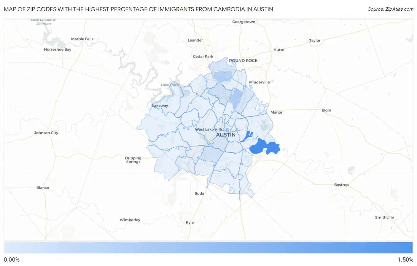 Zip Codes with the Highest Percentage of Immigrants from Cambodia in Austin Map