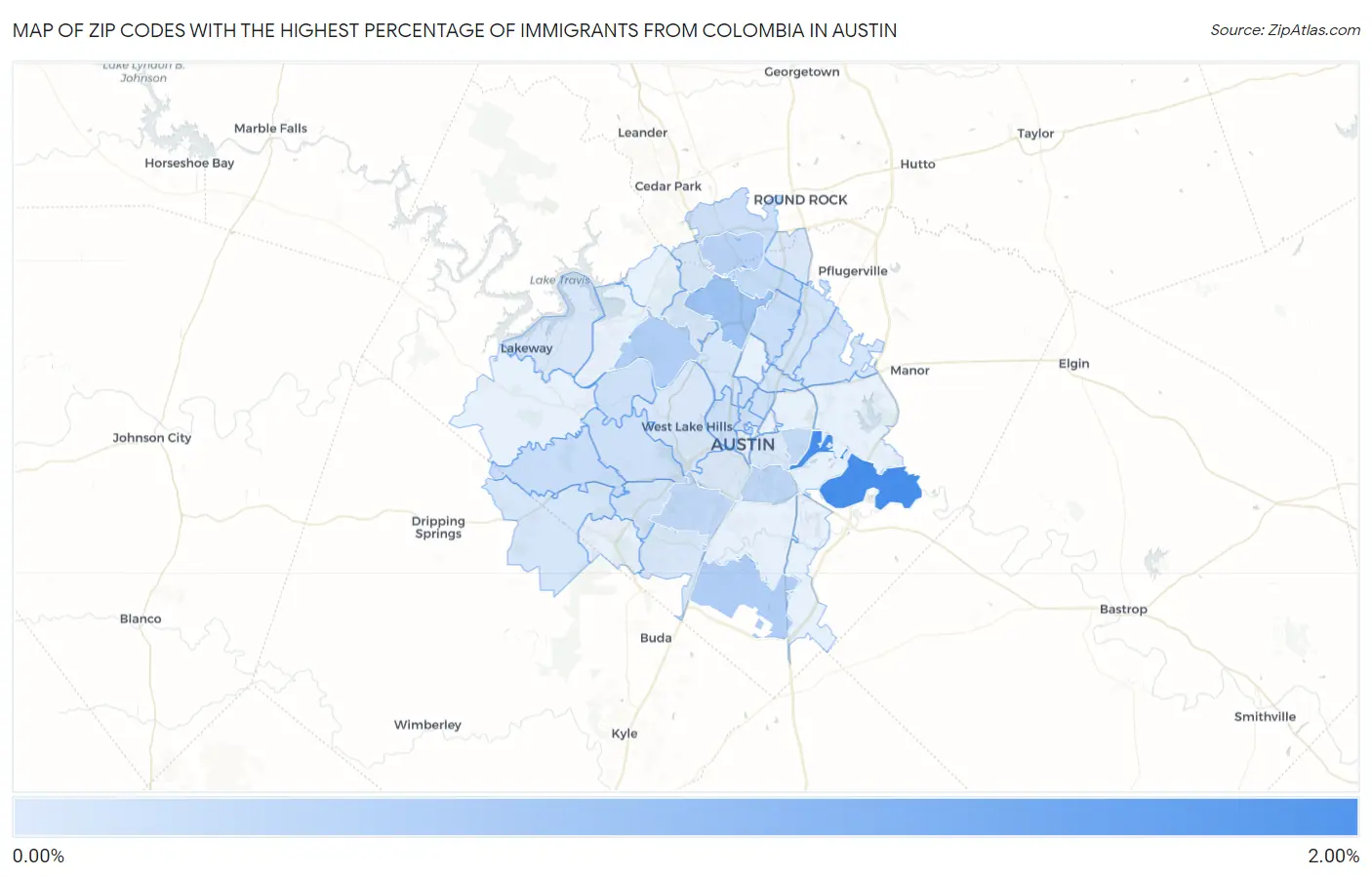 Zip Codes with the Highest Percentage of Immigrants from Colombia in Austin Map
