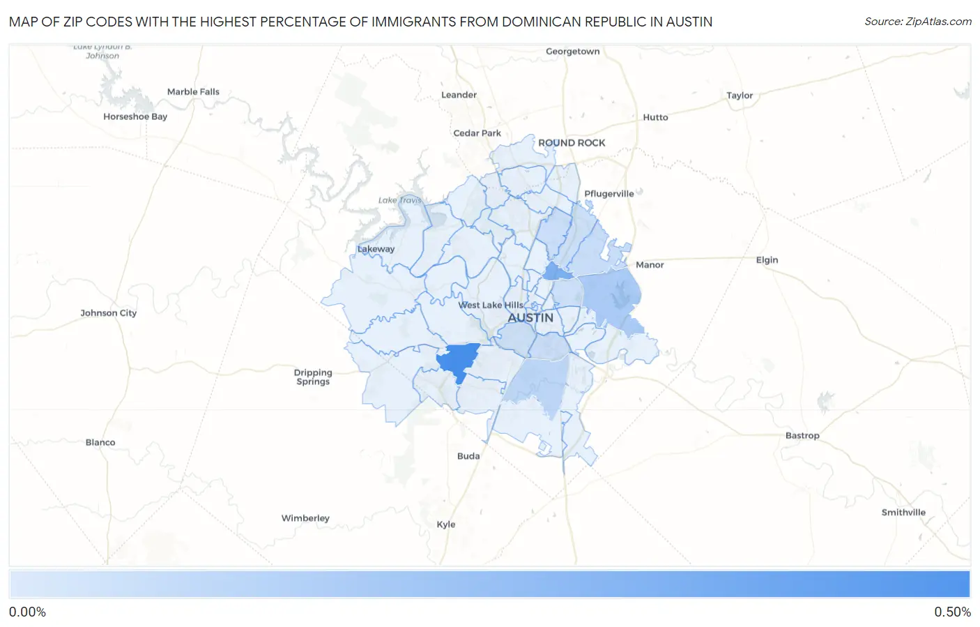 Zip Codes with the Highest Percentage of Immigrants from Dominican Republic in Austin Map