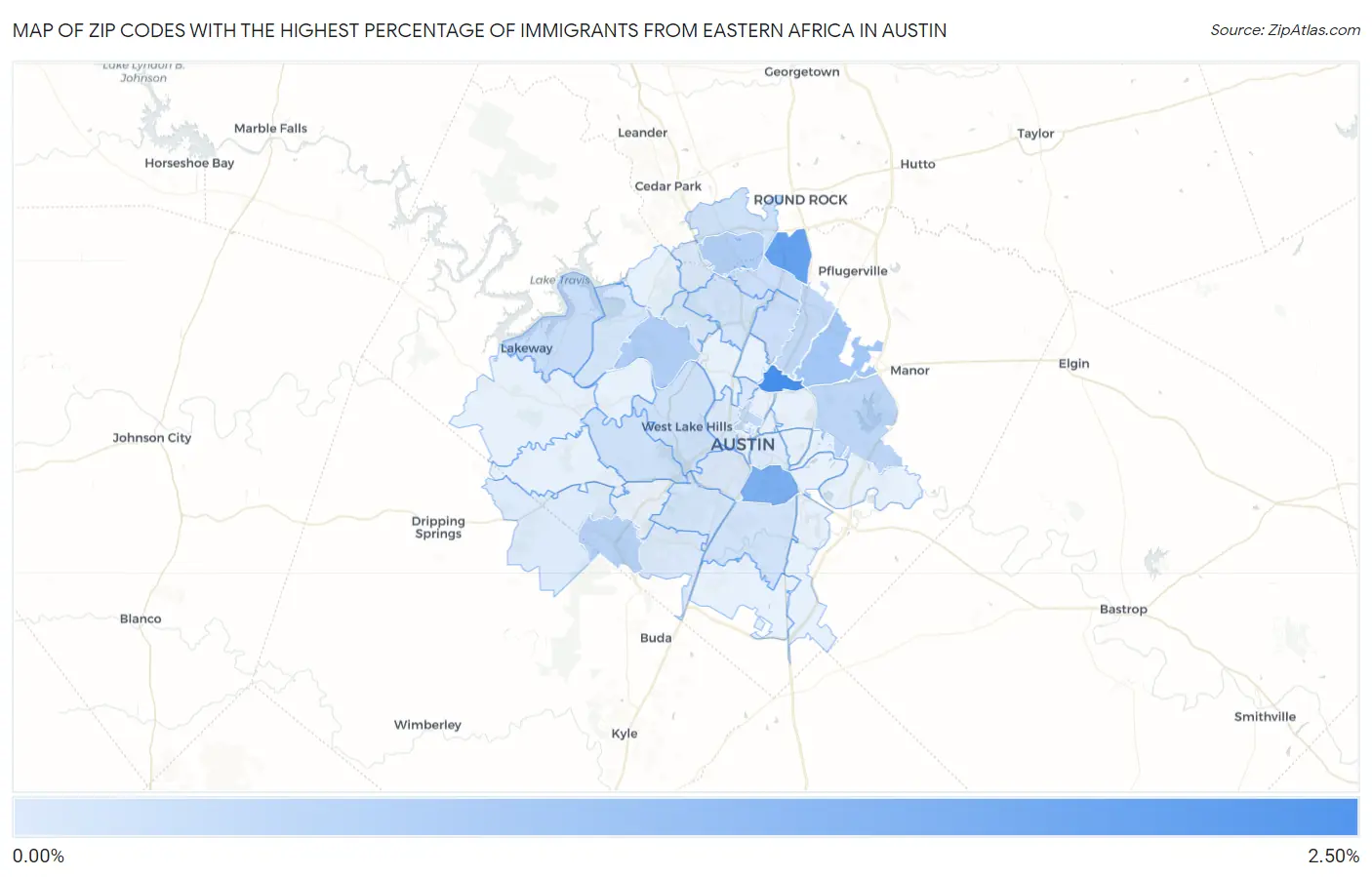 Zip Codes with the Highest Percentage of Immigrants from Eastern Africa in Austin Map
