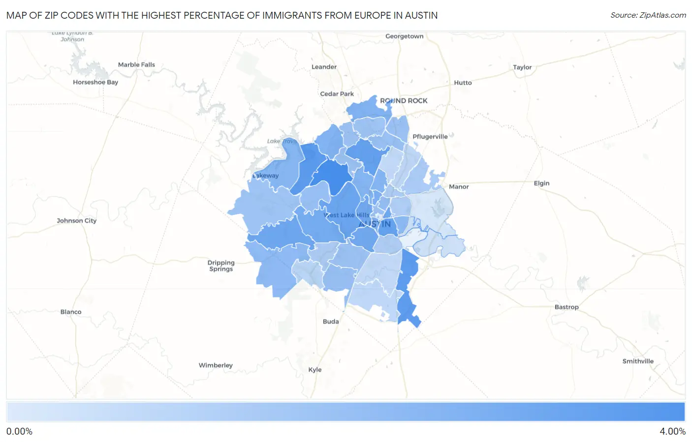 Zip Codes with the Highest Percentage of Immigrants from Europe in Austin Map