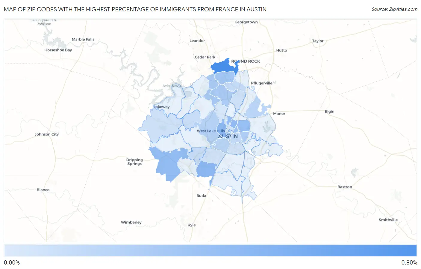 Zip Codes with the Highest Percentage of Immigrants from France in Austin Map