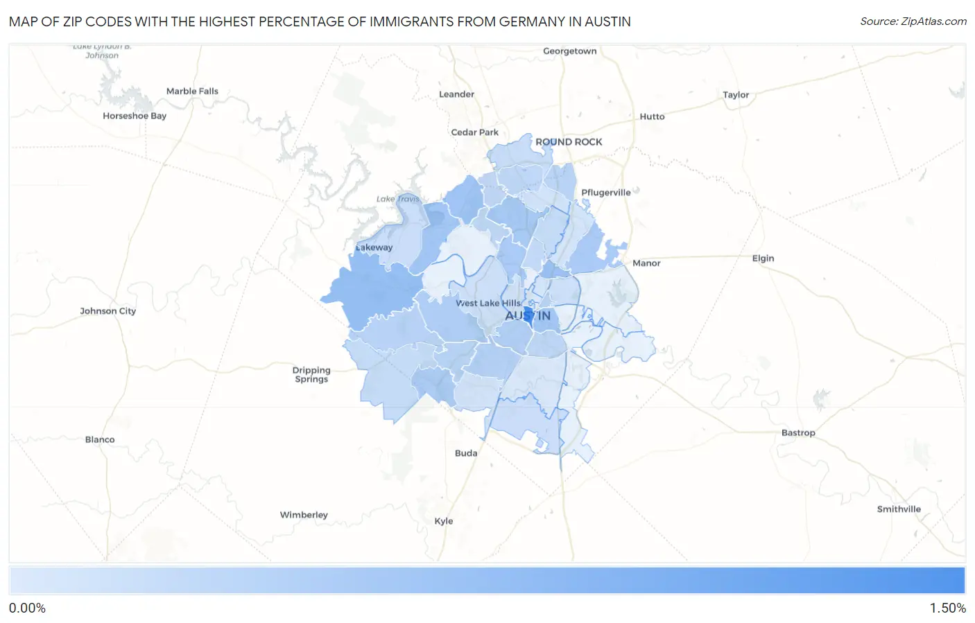 Zip Codes with the Highest Percentage of Immigrants from Germany in Austin Map