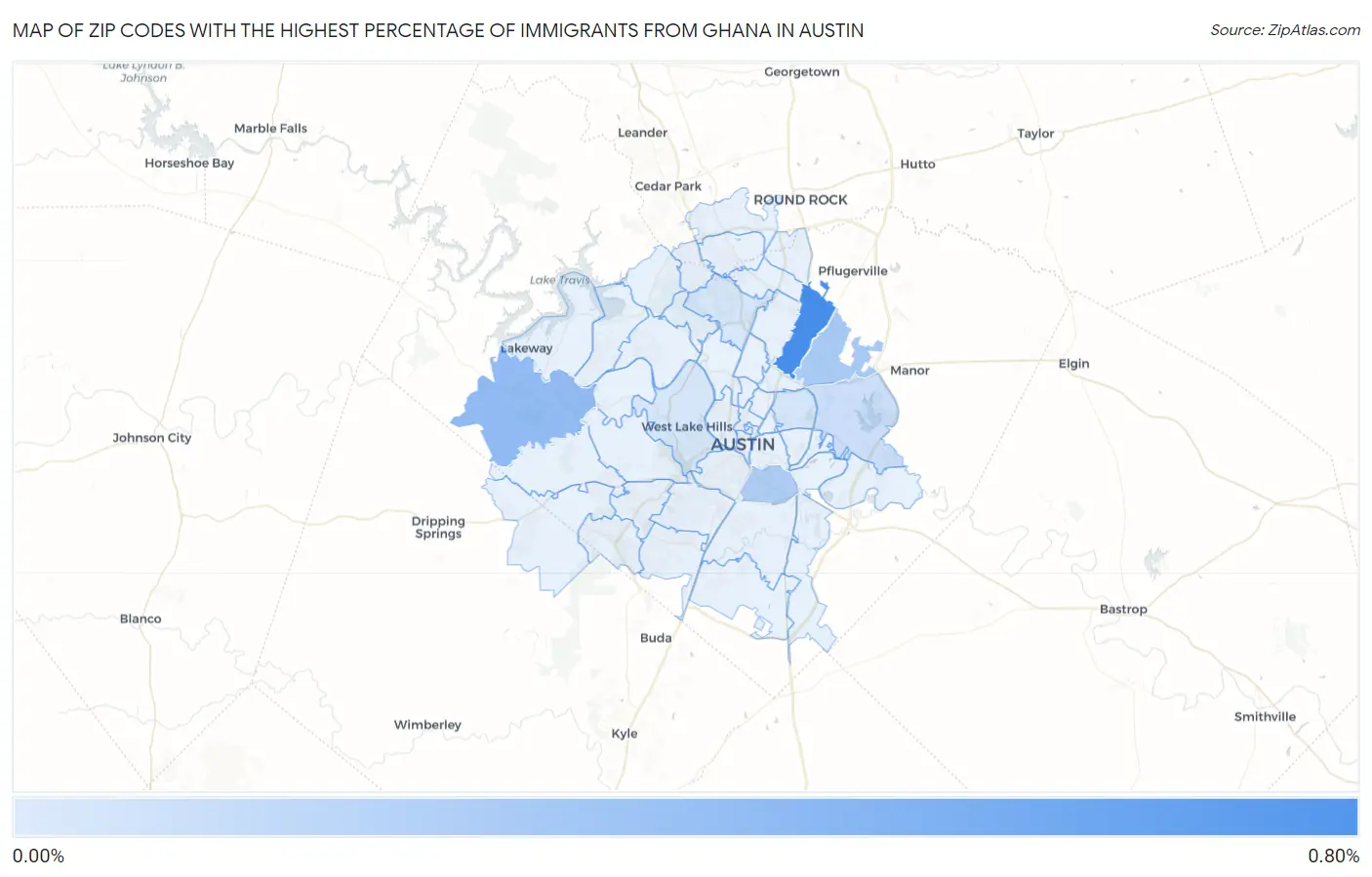 Zip Codes with the Highest Percentage of Immigrants from Ghana in Austin Map