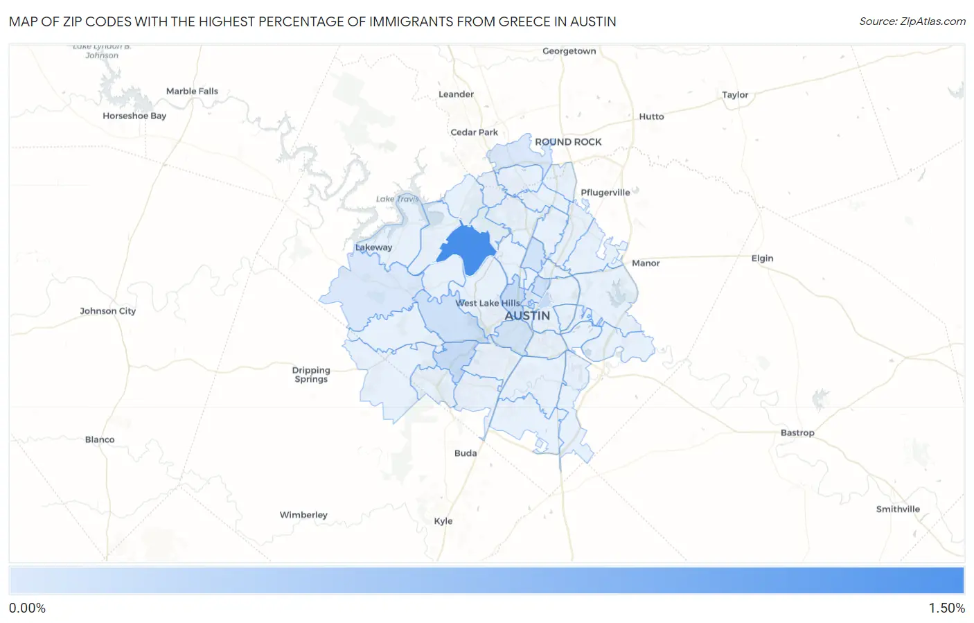 Zip Codes with the Highest Percentage of Immigrants from Greece in Austin Map