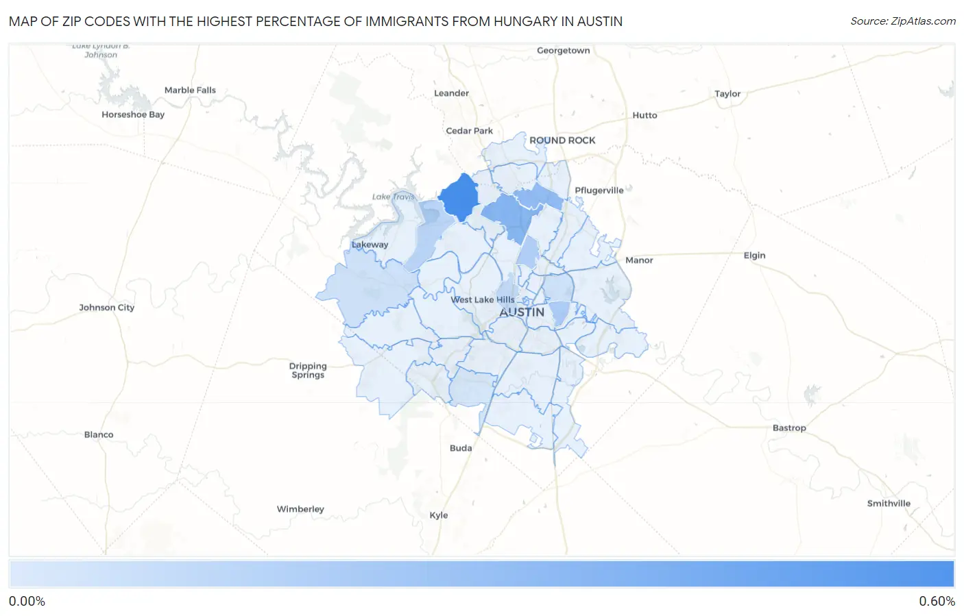 Zip Codes with the Highest Percentage of Immigrants from Hungary in Austin Map