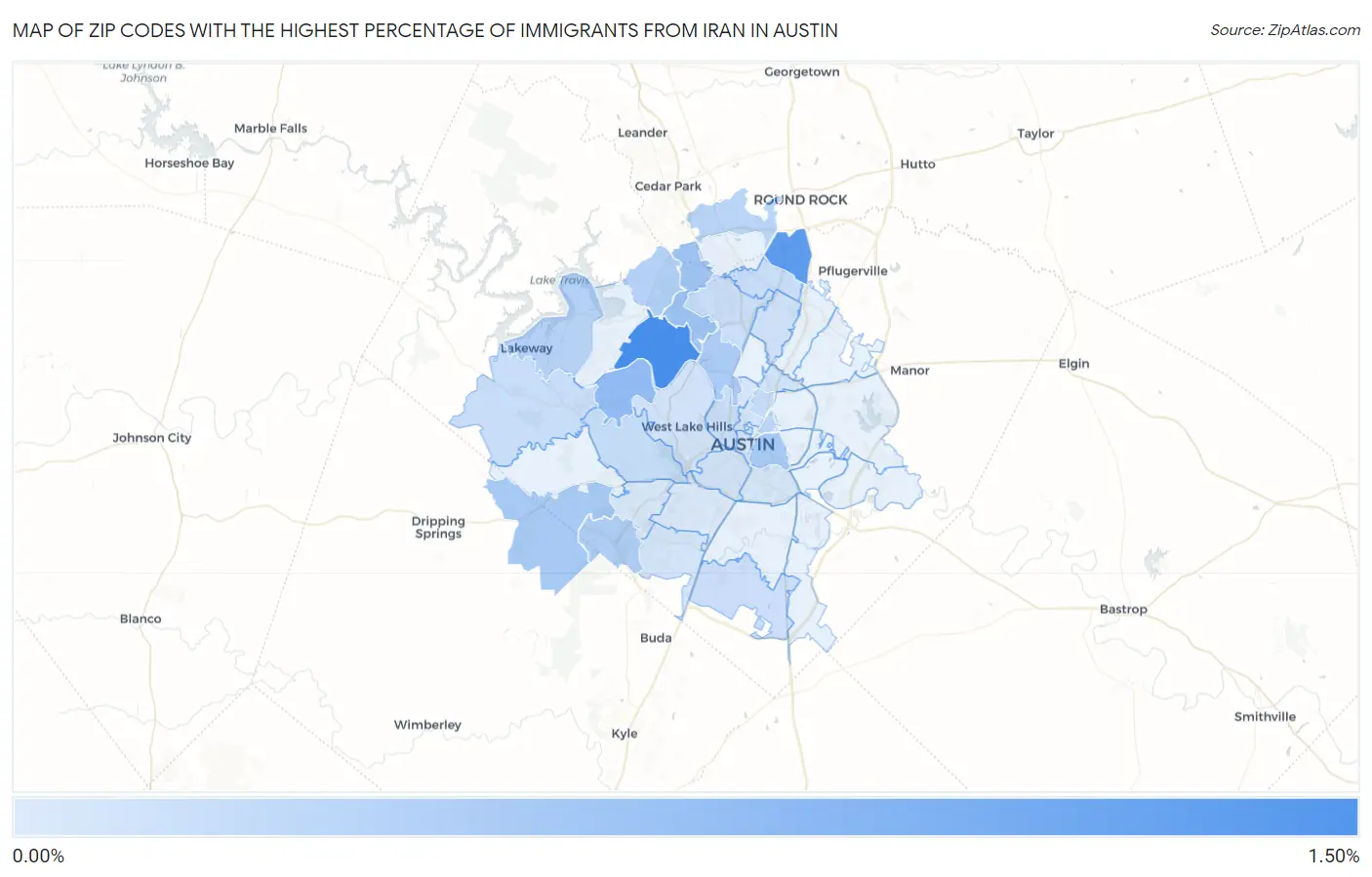 Zip Codes with the Highest Percentage of Immigrants from Iran in Austin Map