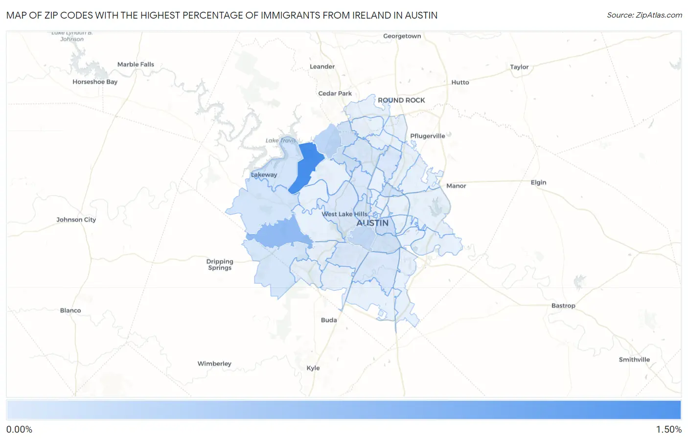 Zip Codes with the Highest Percentage of Immigrants from Ireland in Austin Map