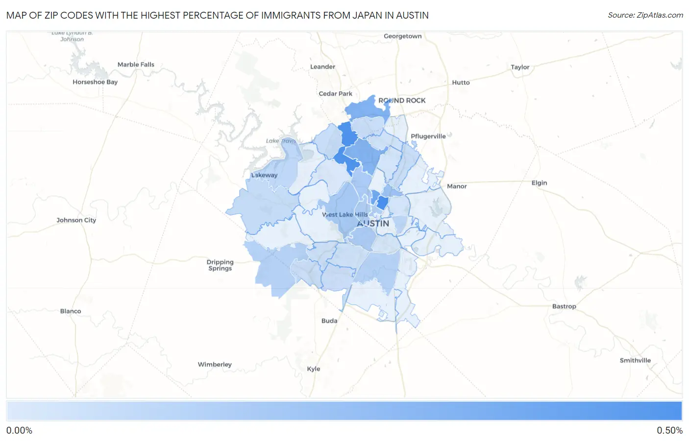 Zip Codes with the Highest Percentage of Immigrants from Japan in Austin Map