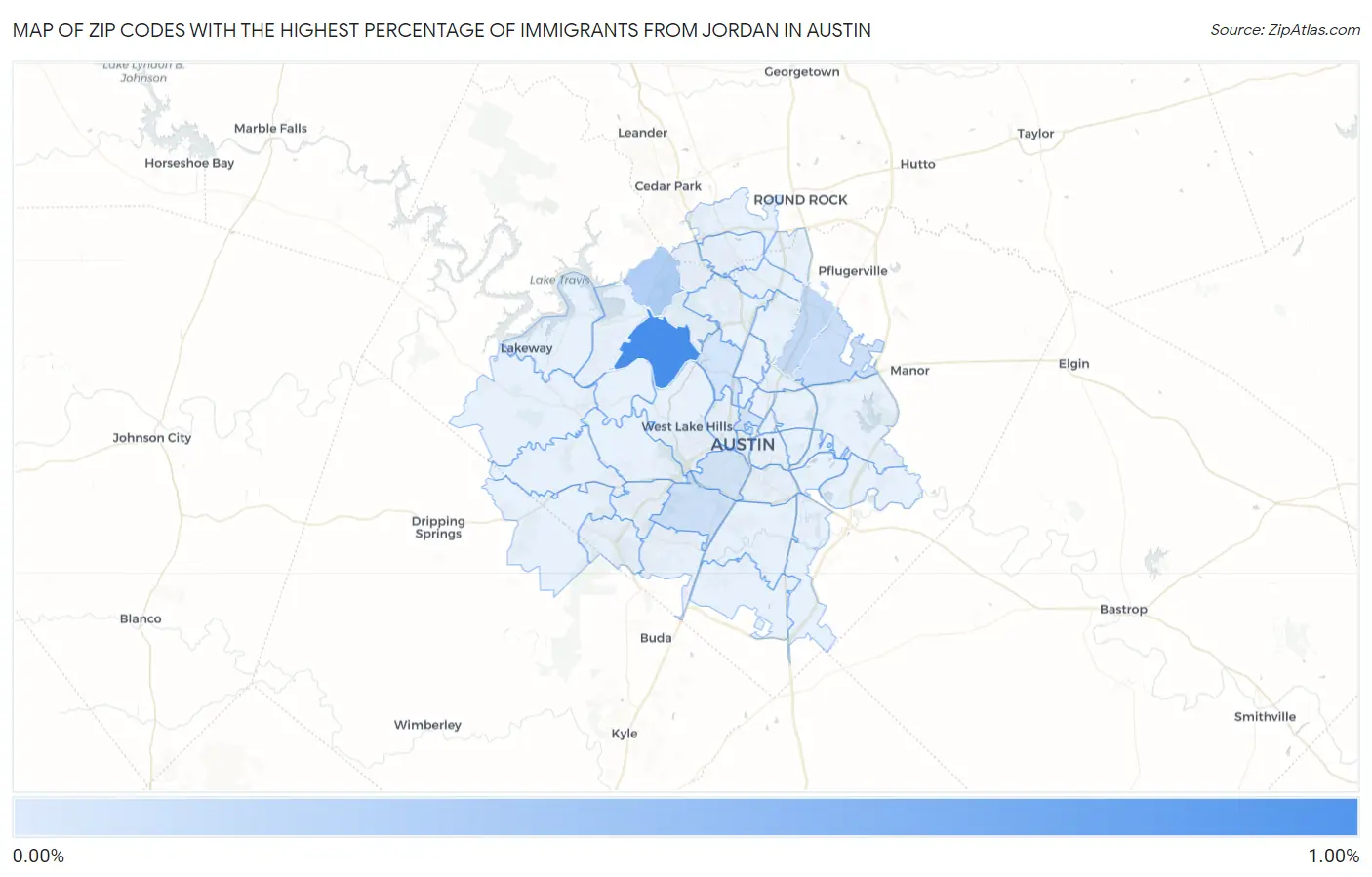 Zip Codes with the Highest Percentage of Immigrants from Jordan in Austin Map