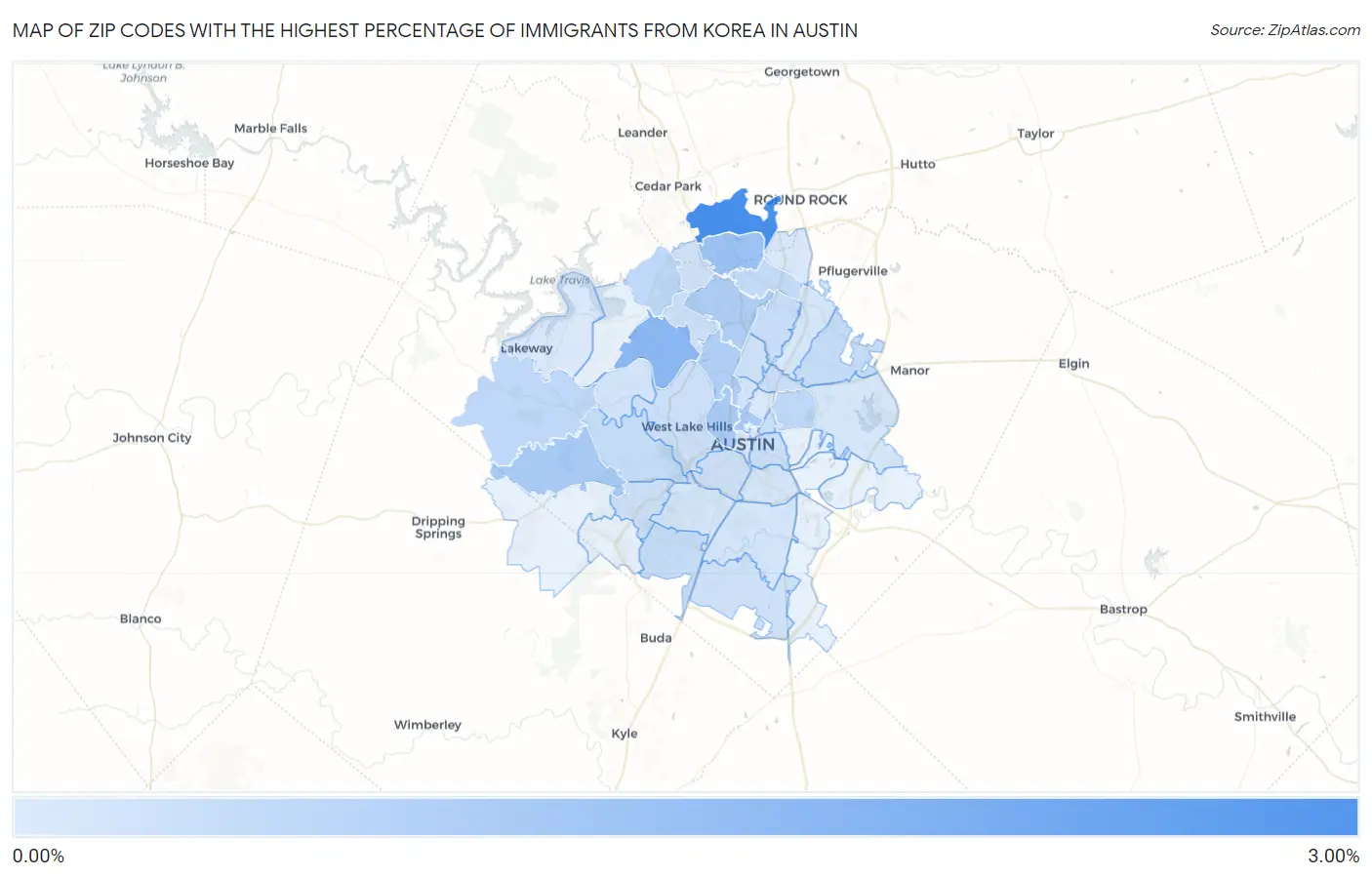 Zip Codes with the Highest Percentage of Immigrants from Korea in Austin Map