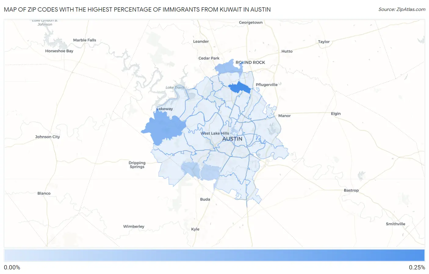 Zip Codes with the Highest Percentage of Immigrants from Kuwait in Austin Map