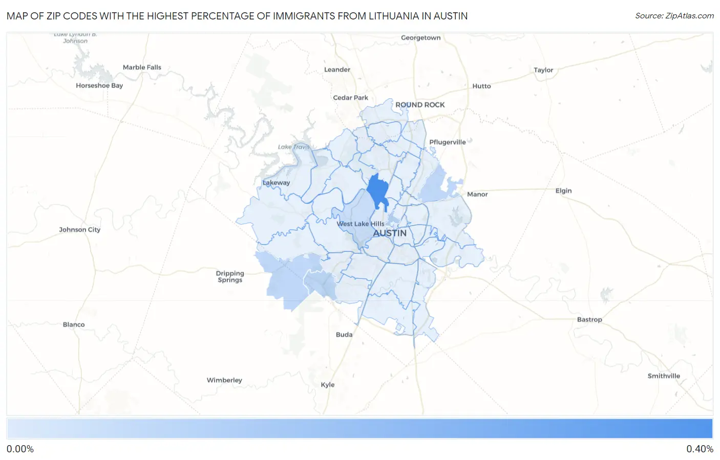Zip Codes with the Highest Percentage of Immigrants from Lithuania in Austin Map