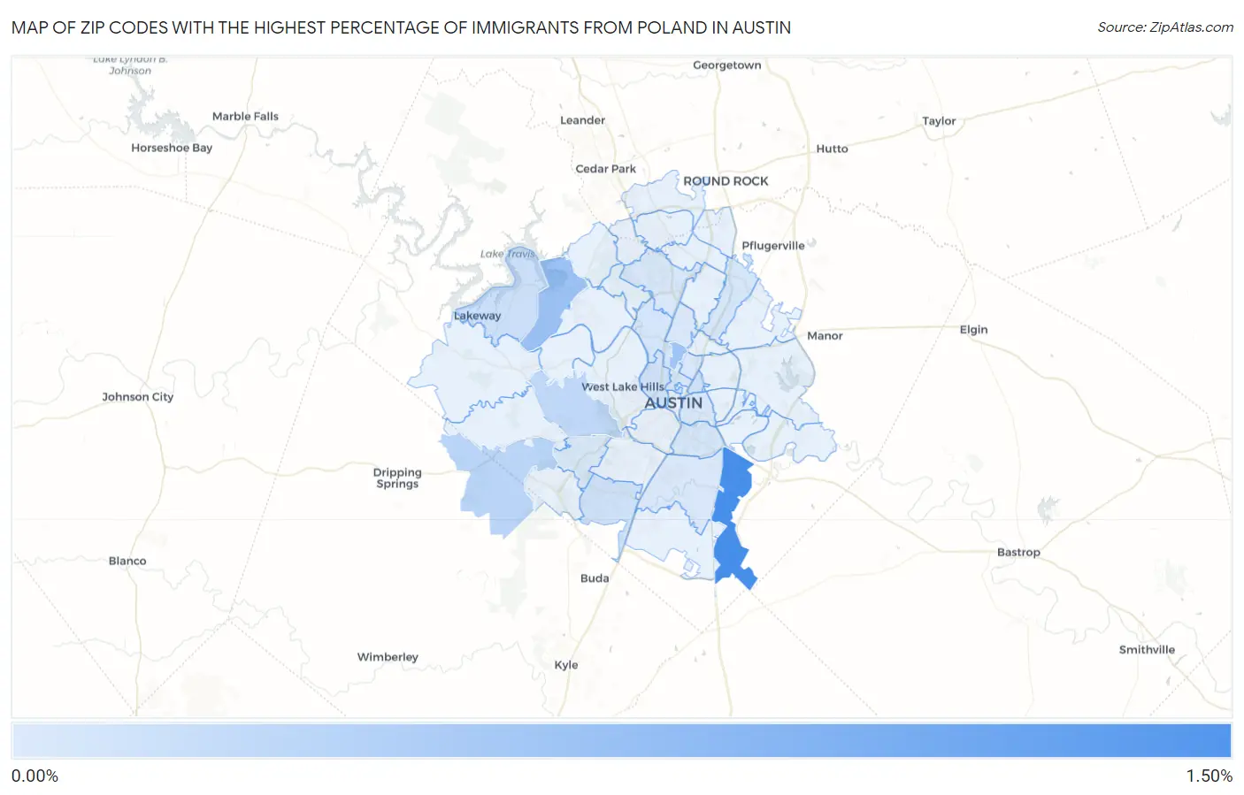 Zip Codes with the Highest Percentage of Immigrants from Poland in Austin Map