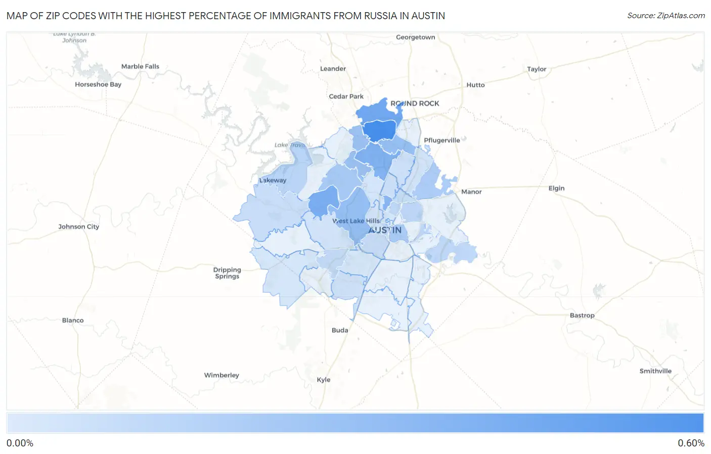 Zip Codes with the Highest Percentage of Immigrants from Russia in Austin Map