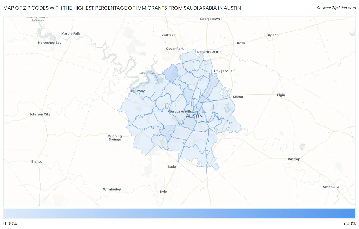 Zip Codes with the Highest Percentage of Immigrants from Saudi Arabia in Austin Map