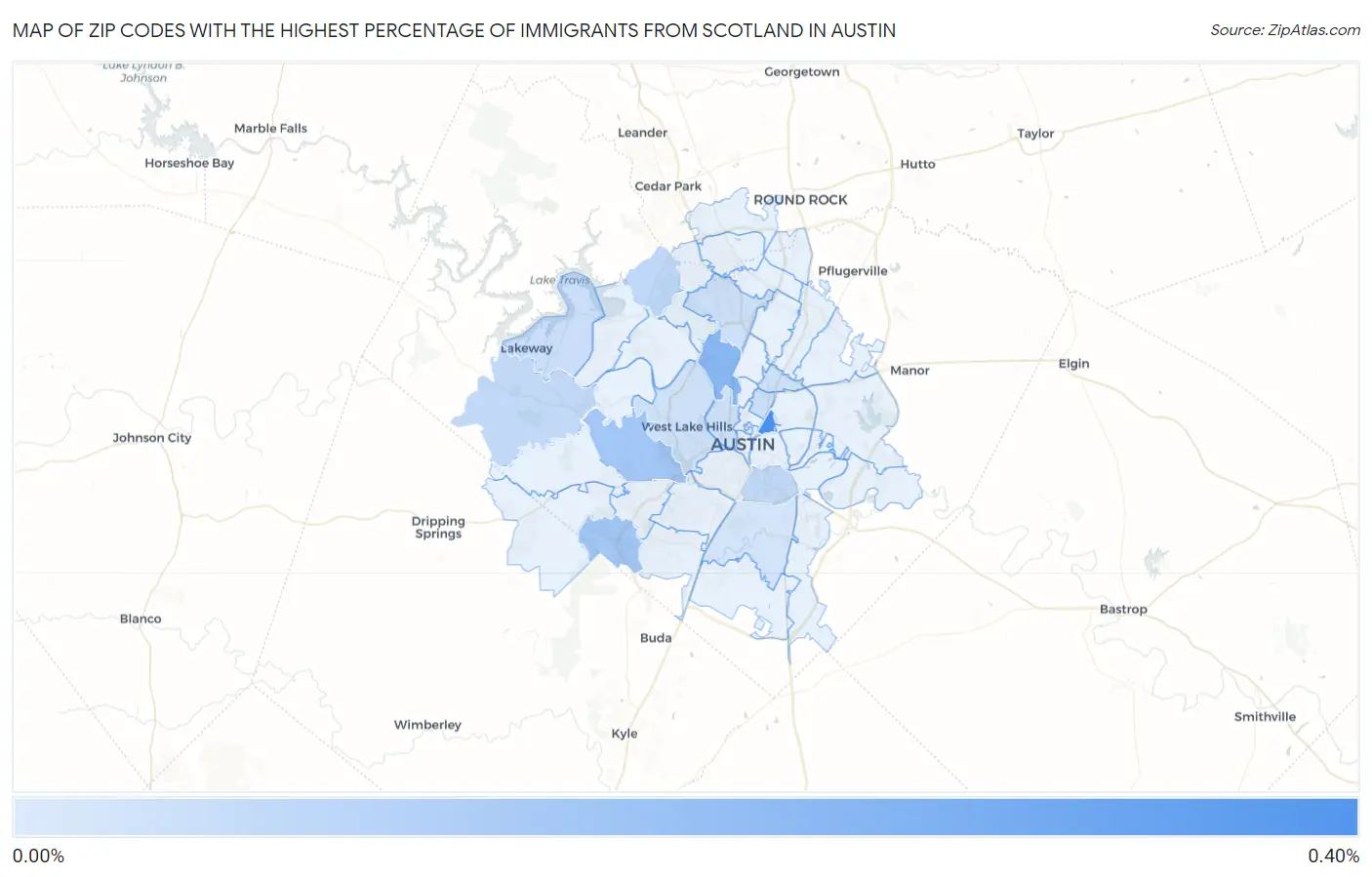 Zip Codes with the Highest Percentage of Immigrants from Scotland in Austin Map