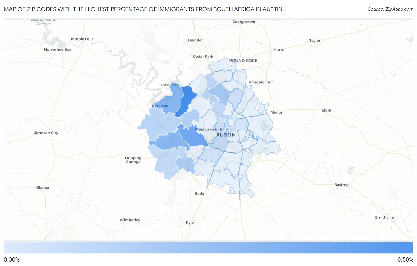 Zip Codes with the Highest Percentage of Immigrants from South Africa in Austin Map