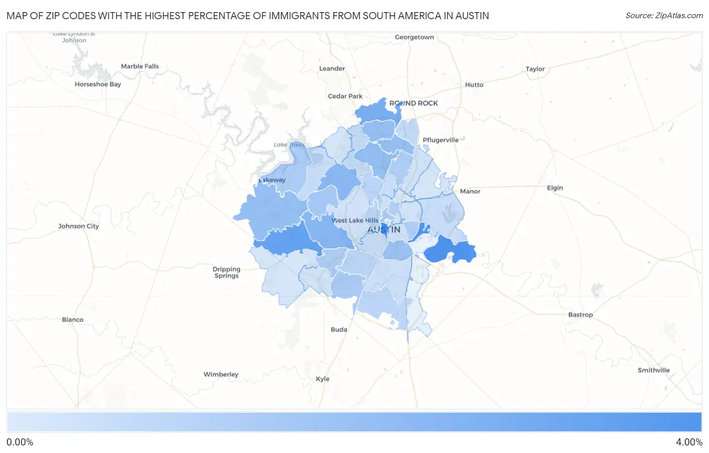 Zip Codes with the Highest Percentage of Immigrants from South America in Austin Map