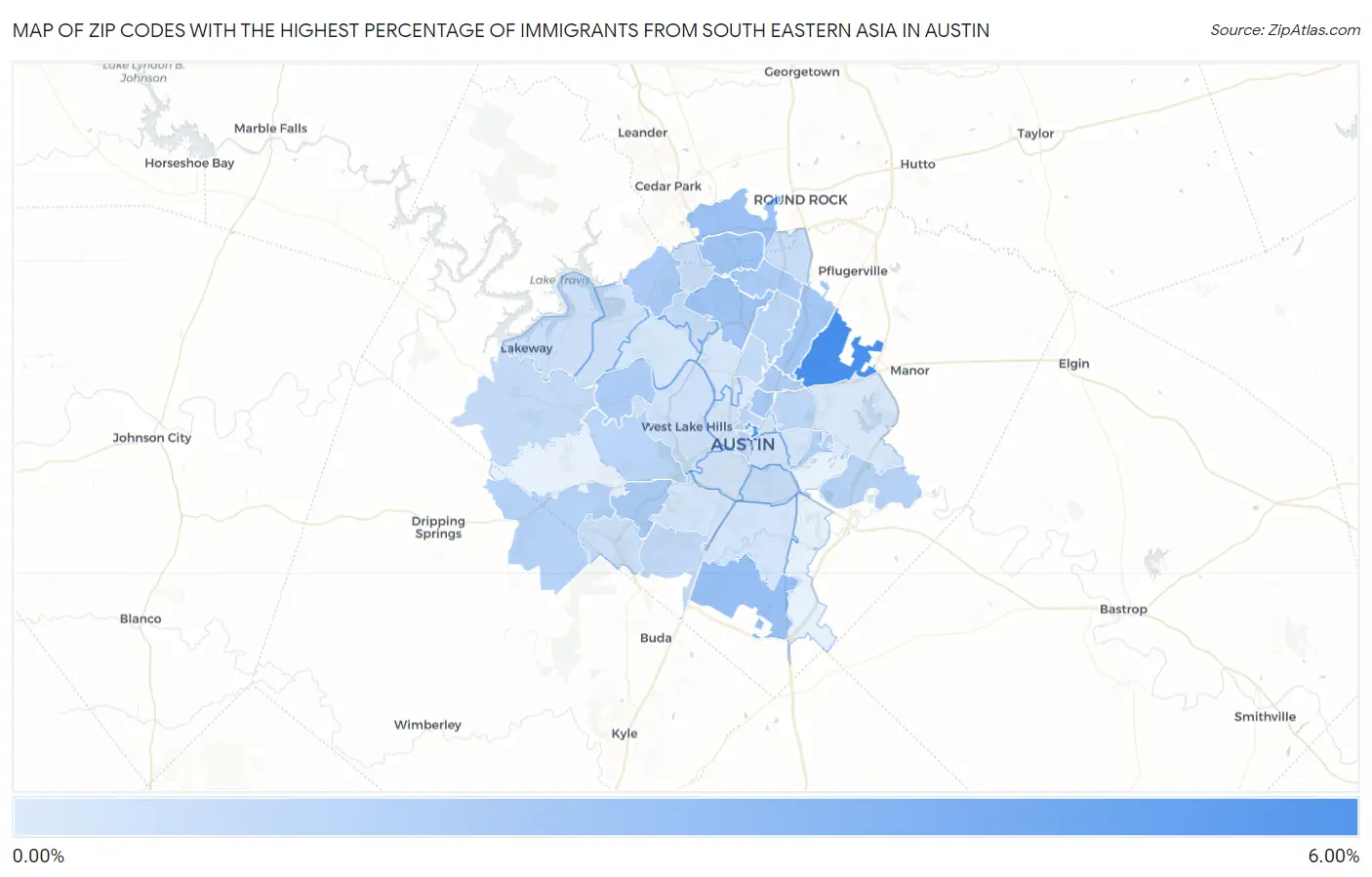 Zip Codes with the Highest Percentage of Immigrants from South Eastern Asia in Austin Map