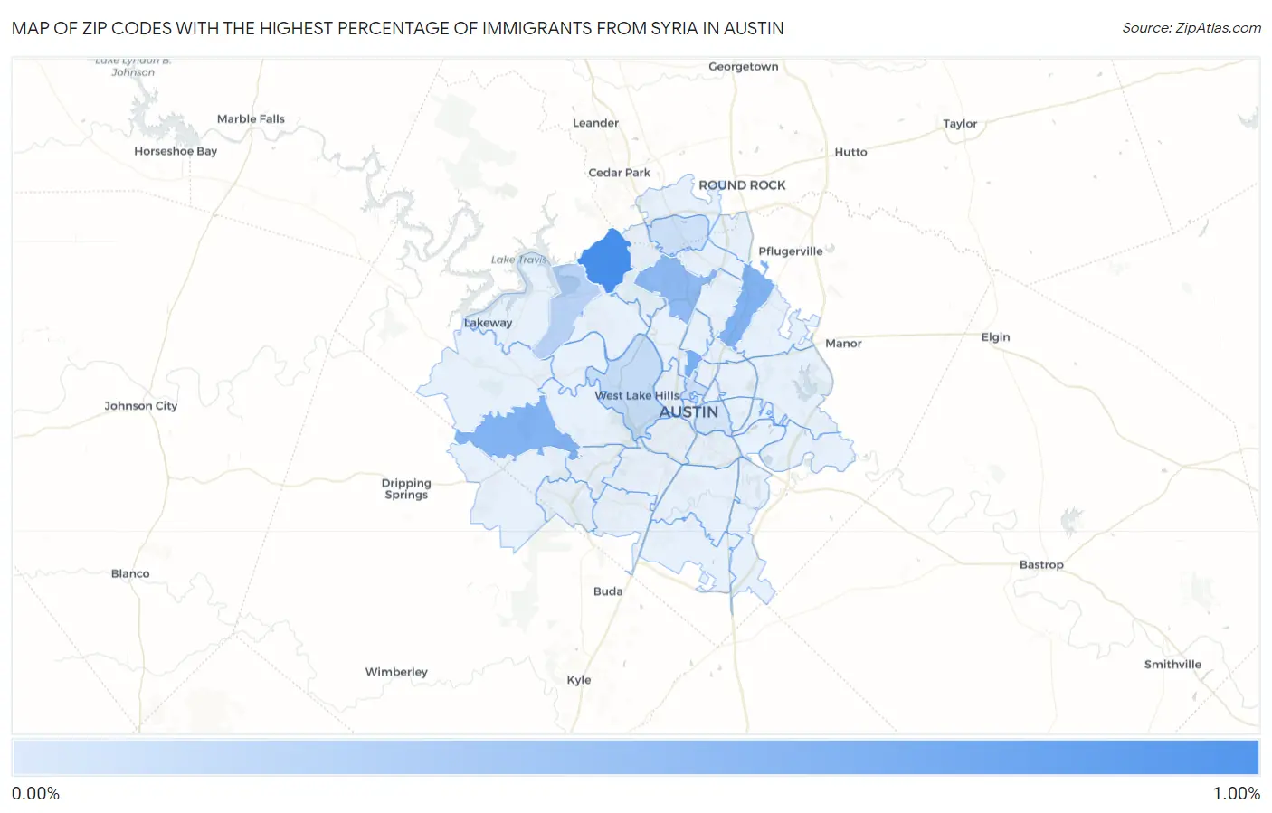 Zip Codes with the Highest Percentage of Immigrants from Syria in Austin Map