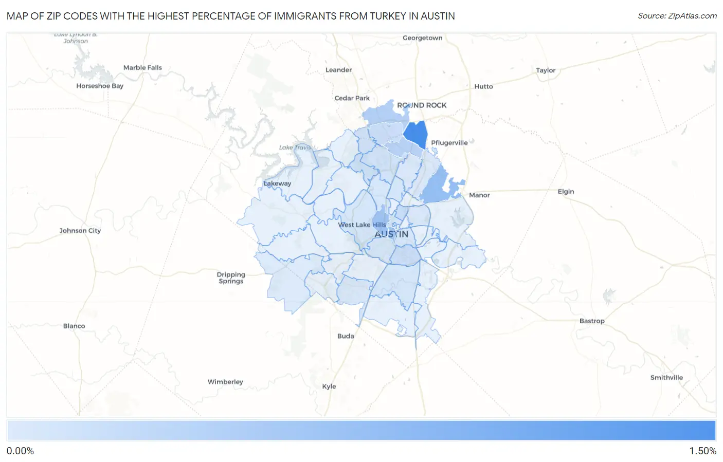 Zip Codes with the Highest Percentage of Immigrants from Turkey in Austin Map