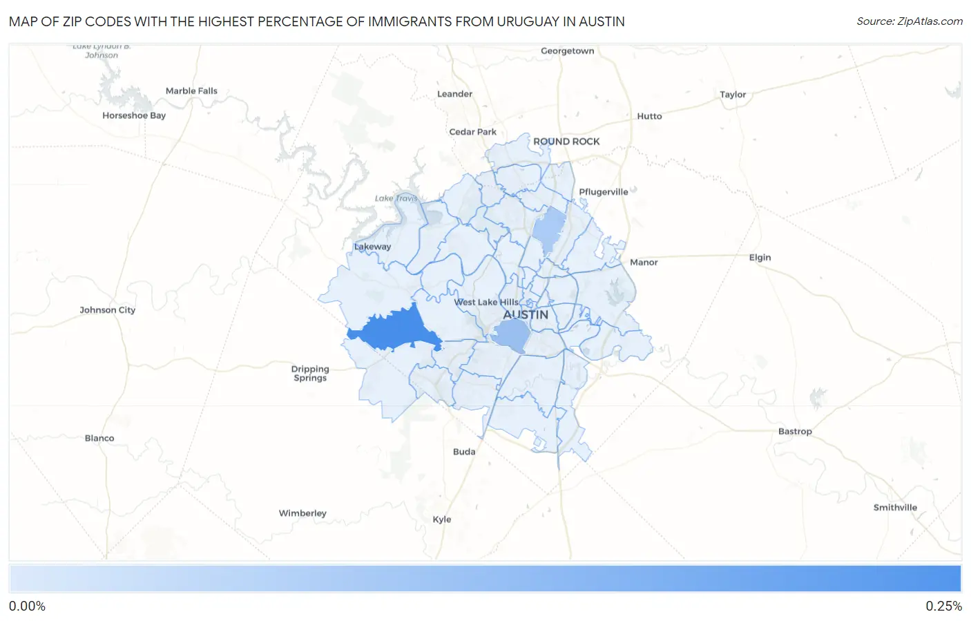 Zip Codes with the Highest Percentage of Immigrants from Uruguay in Austin Map