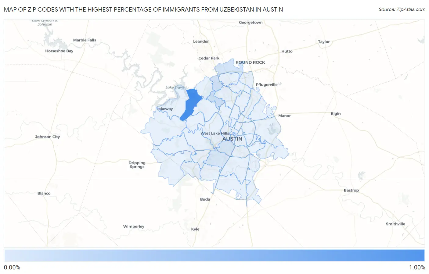 Zip Codes with the Highest Percentage of Immigrants from Uzbekistan in Austin Map