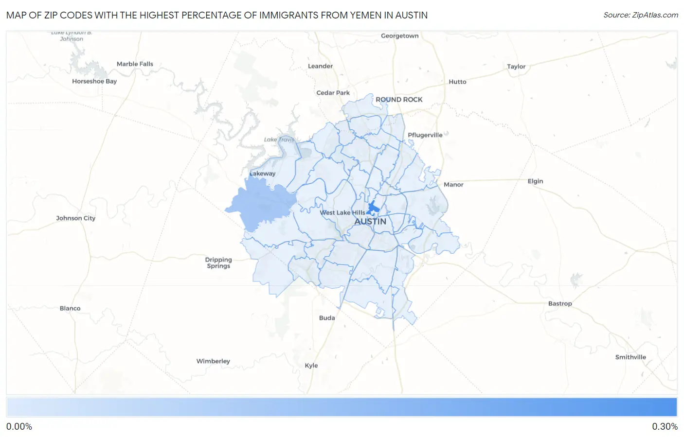 Zip Codes with the Highest Percentage of Immigrants from Yemen in Austin Map
