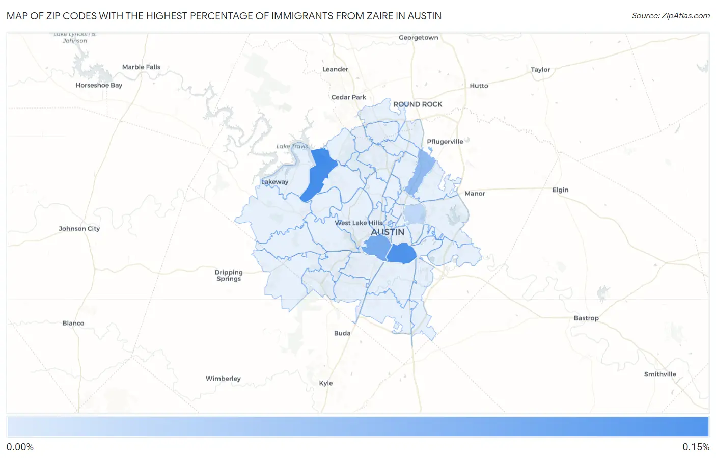 Zip Codes with the Highest Percentage of Immigrants from Zaire in Austin Map