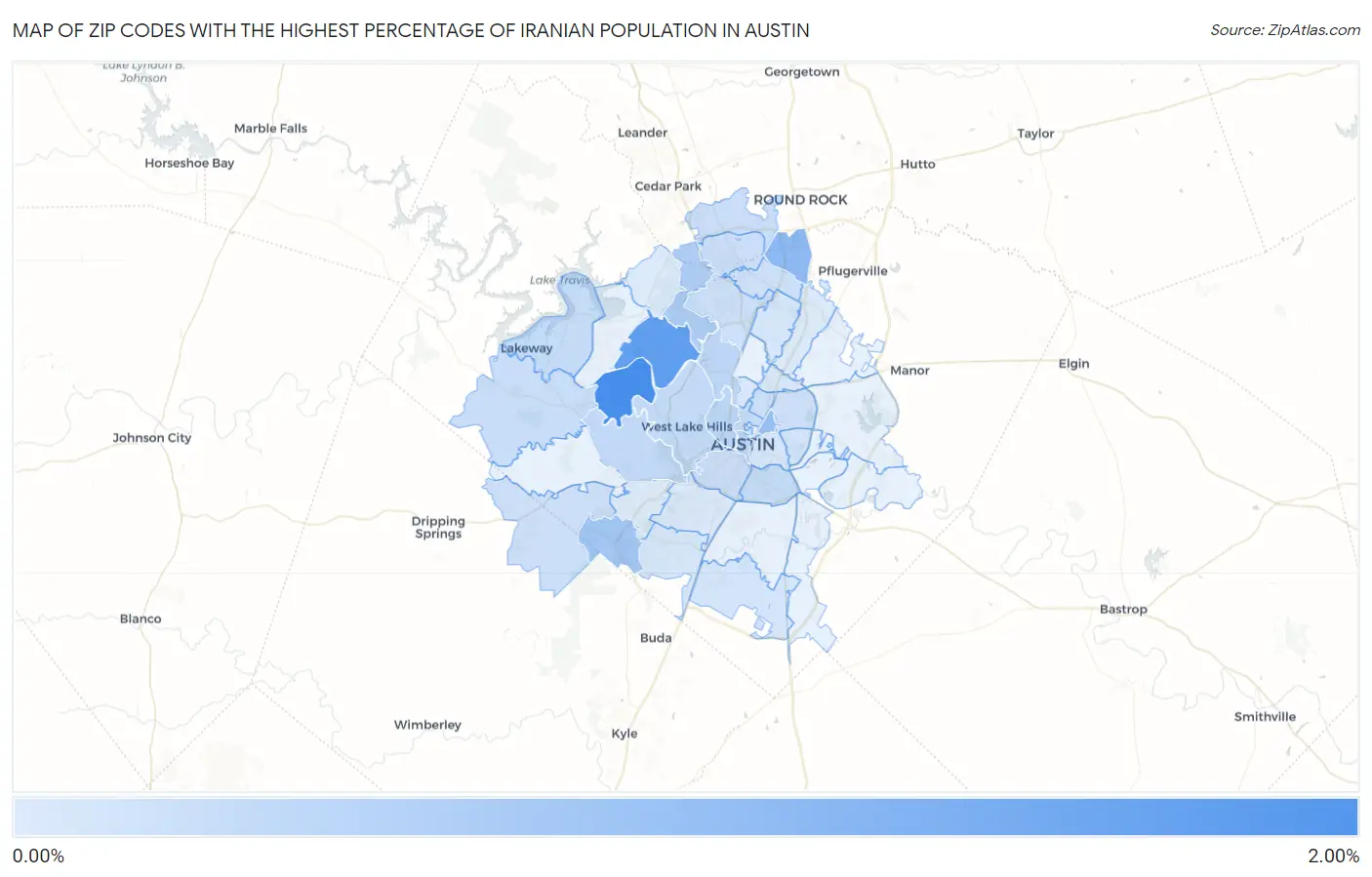 Zip Codes with the Highest Percentage of Iranian Population in Austin Map