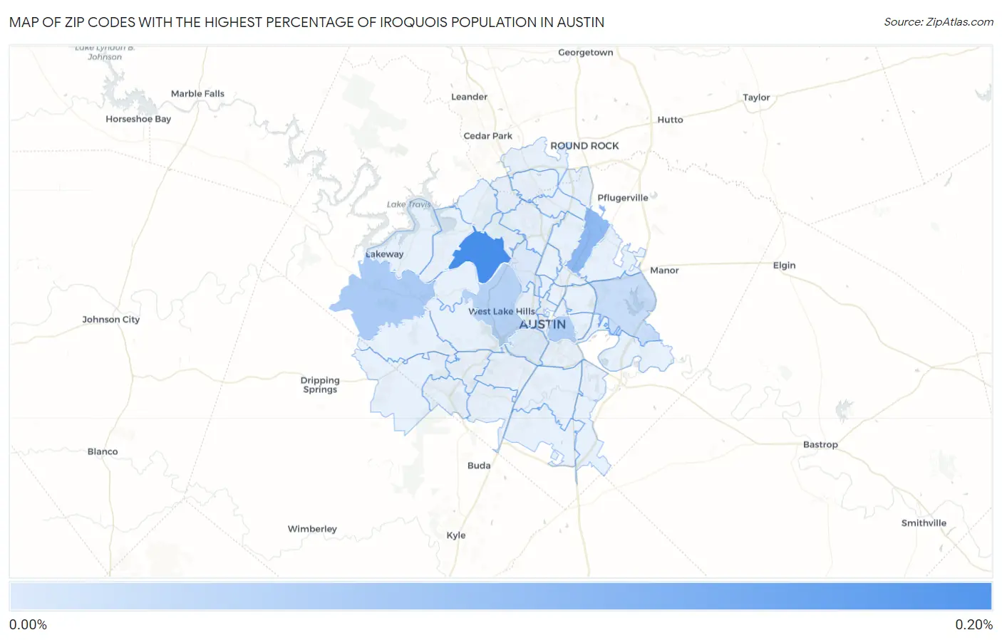 Zip Codes with the Highest Percentage of Iroquois Population in Austin Map