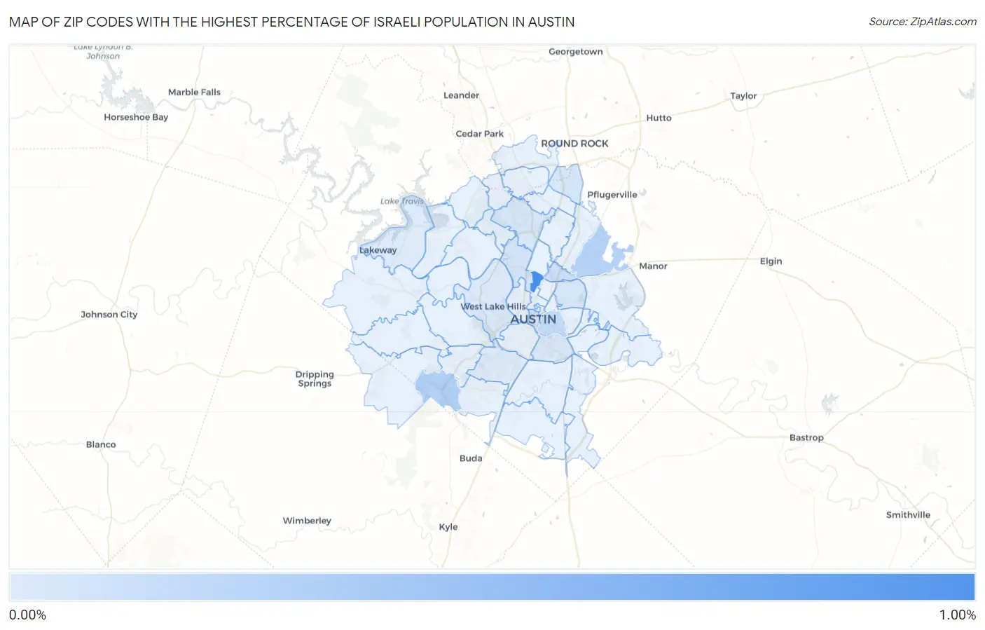 Zip Codes with the Highest Percentage of Israeli Population in Austin Map