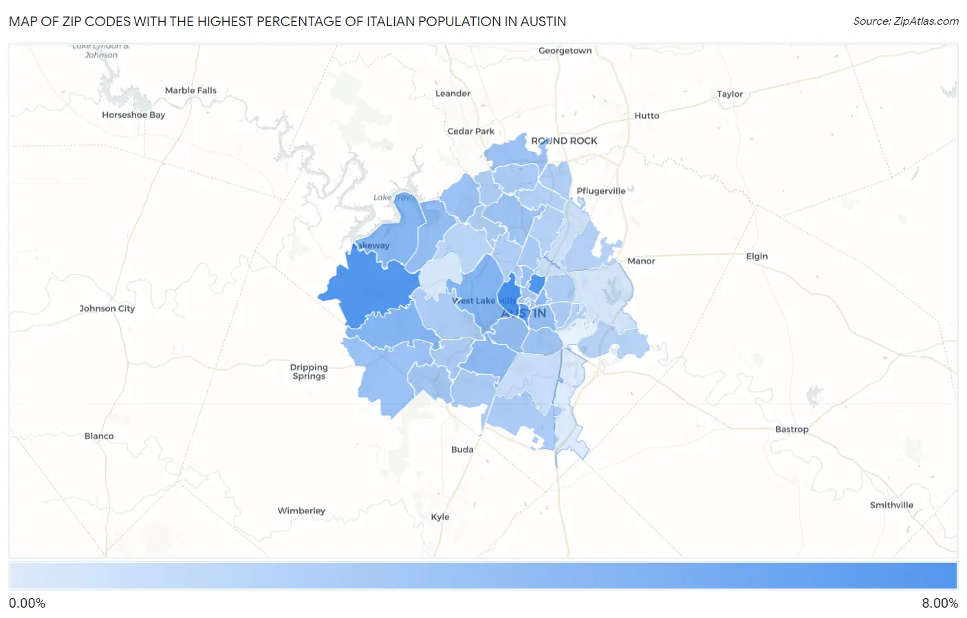 Zip Codes with the Highest Percentage of Italian Population in Austin Map