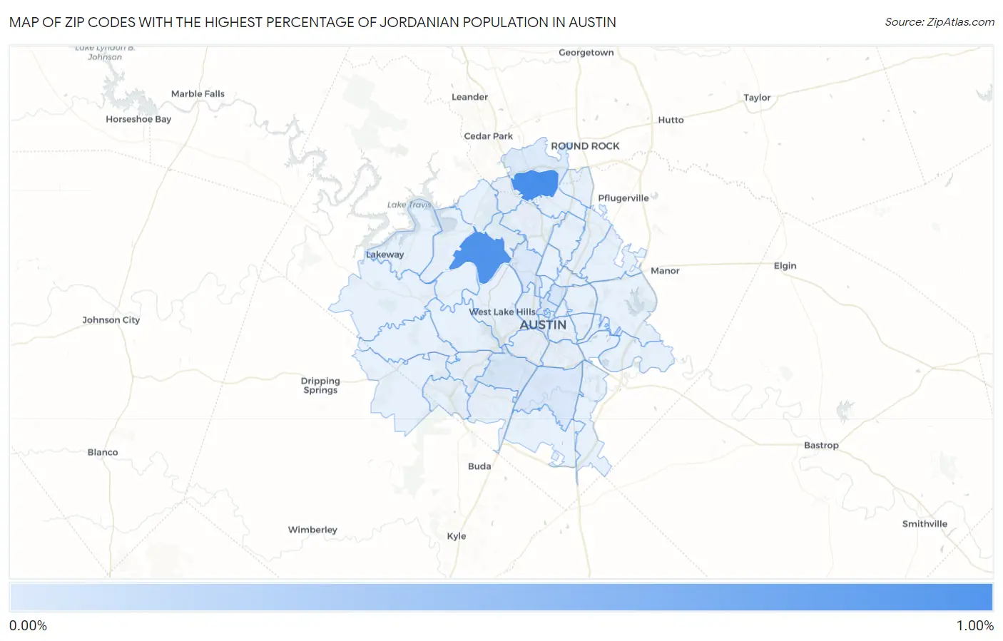 Zip Codes with the Highest Percentage of Jordanian Population in Austin Map