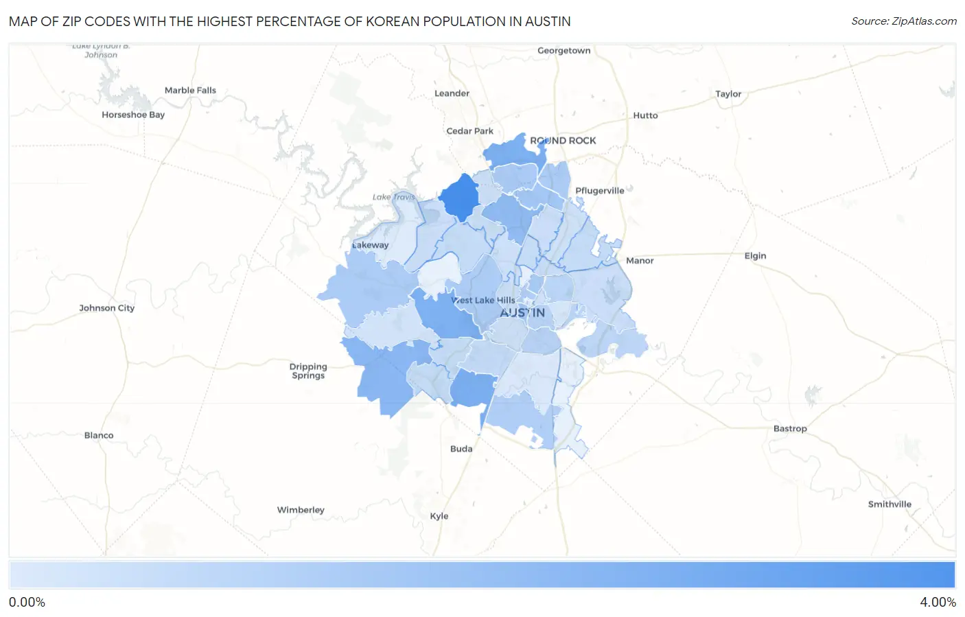Zip Codes with the Highest Percentage of Korean Population in Austin Map