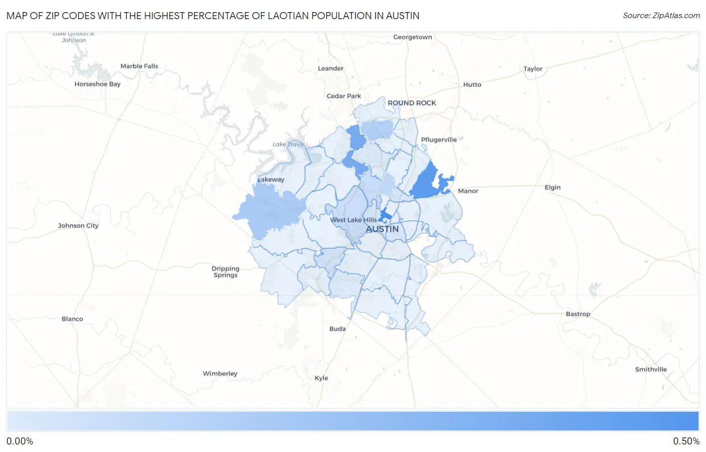 Zip Codes with the Highest Percentage of Laotian Population in Austin Map