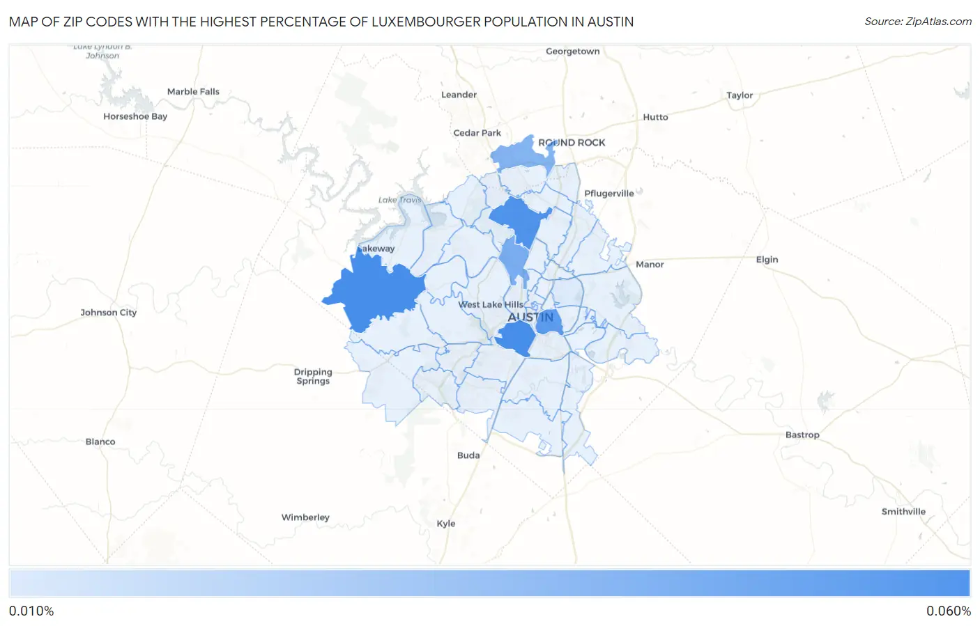 Zip Codes with the Highest Percentage of Luxembourger Population in Austin Map