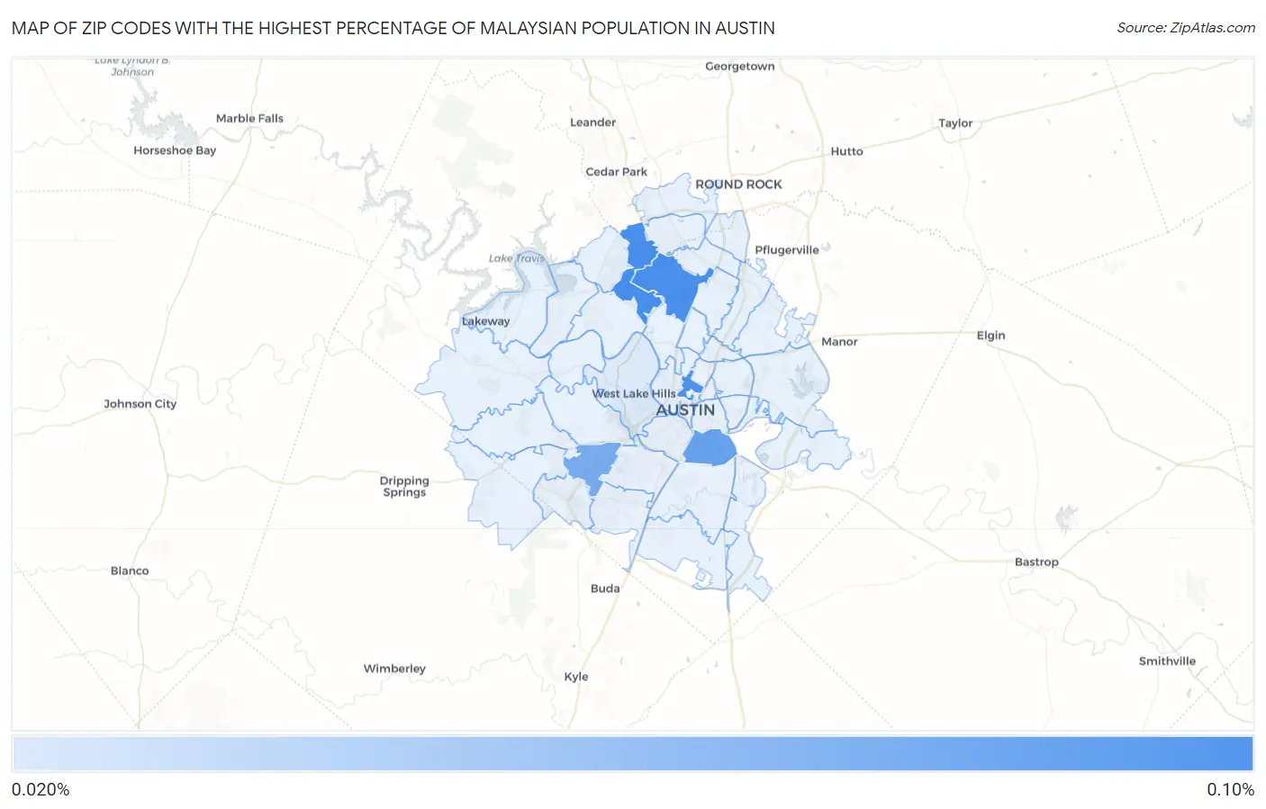 Zip Codes with the Highest Percentage of Malaysian Population in Austin Map