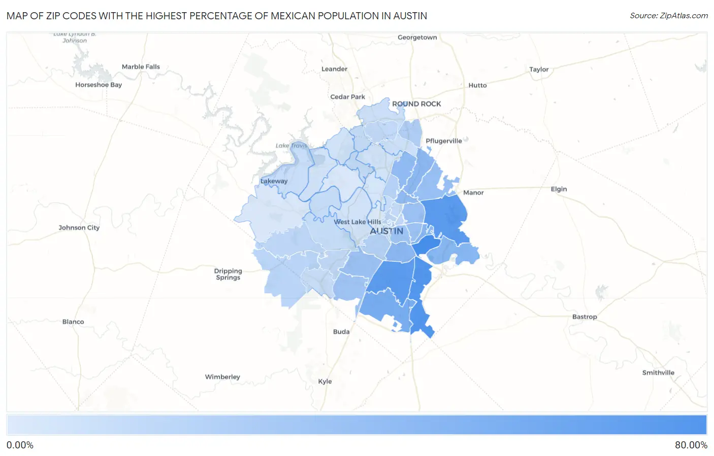Zip Codes with the Highest Percentage of Mexican Population in Austin Map