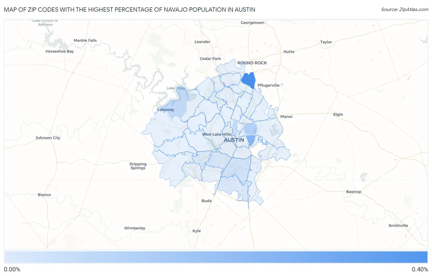 Zip Codes with the Highest Percentage of Navajo Population in Austin Map