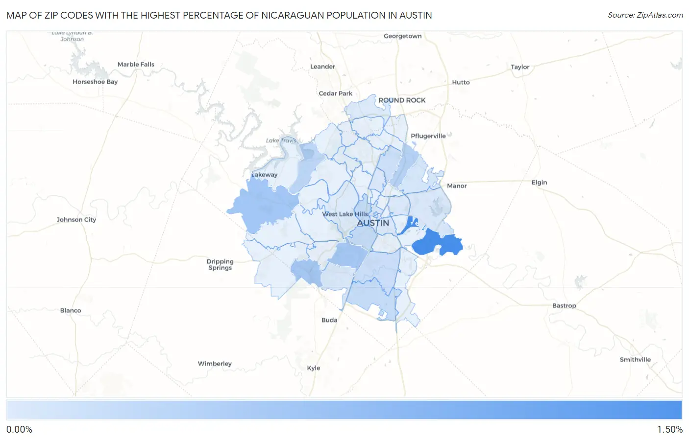 Zip Codes with the Highest Percentage of Nicaraguan Population in Austin Map