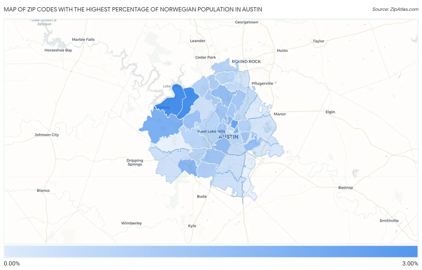 Zip Codes with the Highest Percentage of Norwegian Population in Austin Map