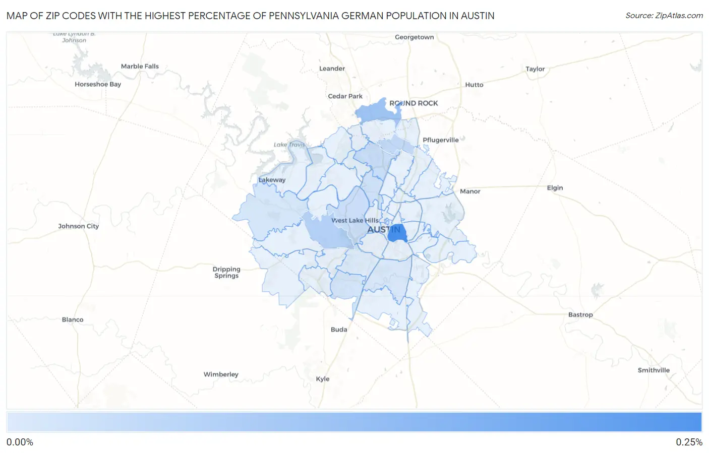Zip Codes with the Highest Percentage of Pennsylvania German Population in Austin Map